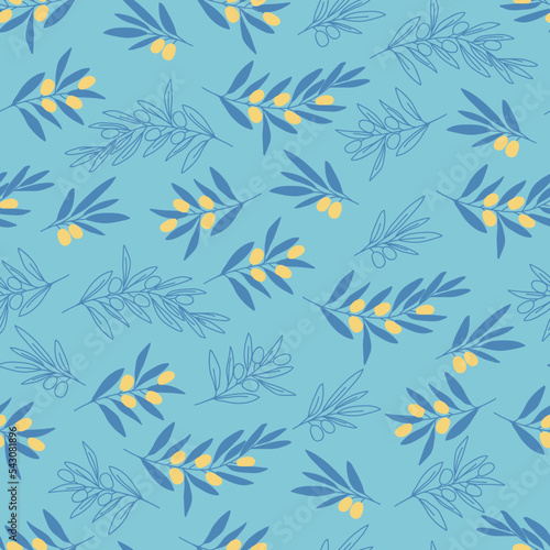 Seamless decorative elegant pattern with olives branches. Print for textile, wallpaper, covers, surface. For fashion fabric. Retro stylization.
