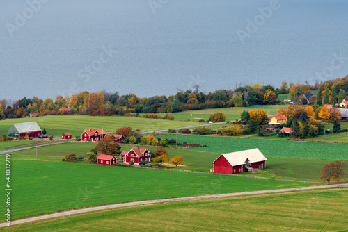 Typical Swedish countryside with red wooden houses by Sweden's second largest lake Vattern. photo