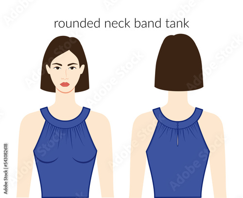 Rounded neckline band tank clothes character beautiful lady in blue top, shirt, dress technical fashion illustration fitted body. Flat apparel template front, back sides. Women, men unisex CAD mockup