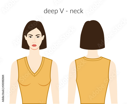 Deep V - neckline knits, sweaters clothes character beautiful lady in ochre top, shirt, dress technical fashion illustration. Flat apparel template front, back sides. Women, men unisex CAD mockup