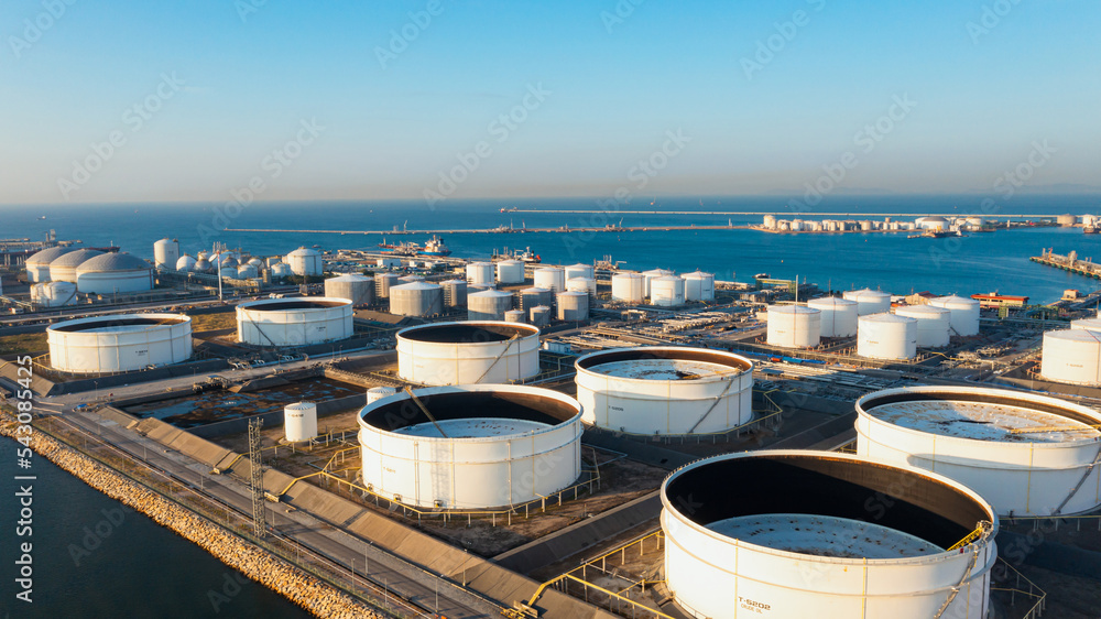 Aerial top view of White oil tank storage chemical petroleum