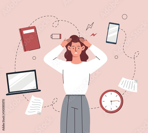 Overwhelmed woman concept. Young girl stands with her head in her hands. Tired and angry employee at workplace, overworked worker. Emotional burnout and stress. Cartoon flat vector illustration