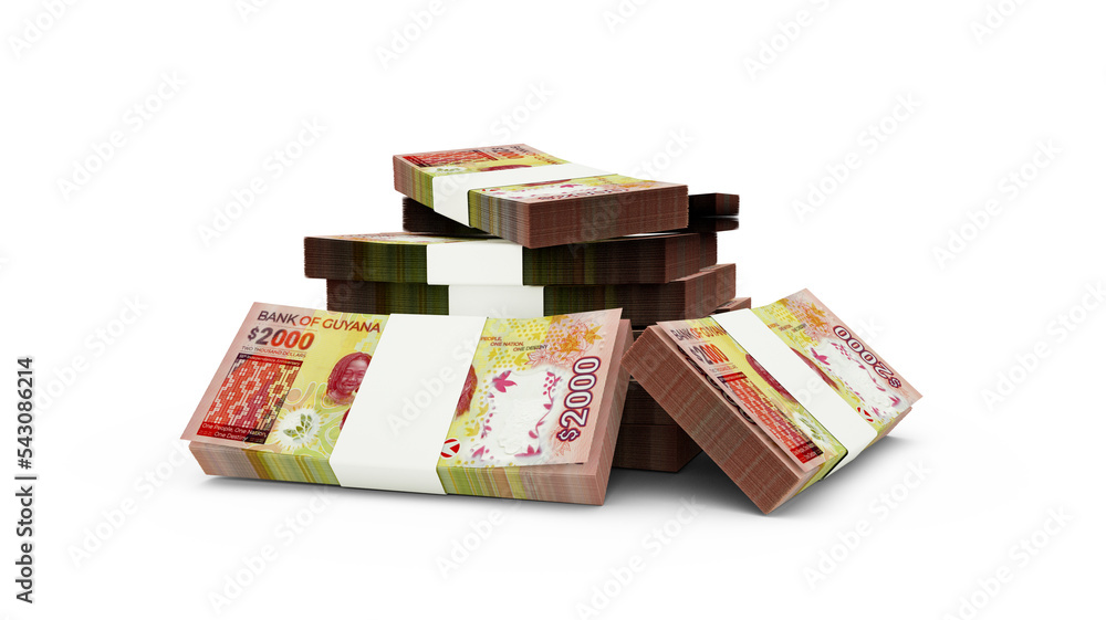 3d rendering of Stack of Guyanese dollar notes. currency notes of Guyana isolated on white background, bundles of cash 3d rendering of Stack of Guyanese dollar notes. currency notes of Guyana isolated on white background, bundles of cash