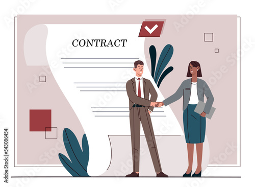 Business consolidation concept. Man and woman shake hands. Entrepreneurs conclude contract. Cooperation and collaboration. Businessman and businesswoman with document. Cartoon flat vector illustration