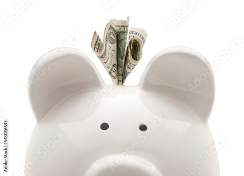 Fényképezés Close-up white piggy bank and US dollars isolated