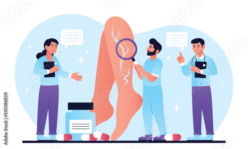 Concept of varicose. Men and women look at veins on legs with magnifying glass. Doctors make diagnosis and choose method of treatment. Poster or banner for website. Cartoon flat vector illustration