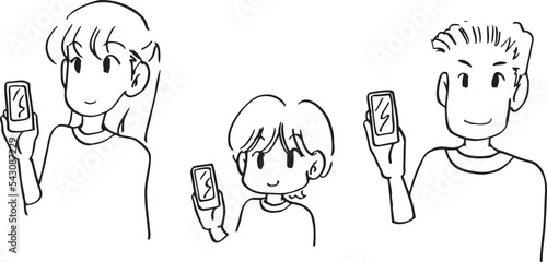 家族三人　スマホを持つ　手描き