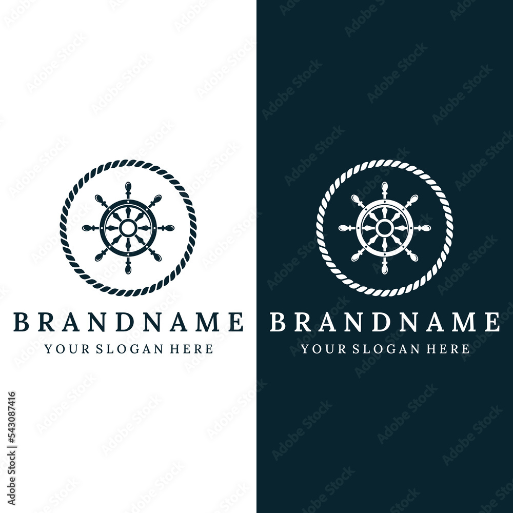 Fototapeta premium Cruise ship rudder logo template design with retro waves, ropes and anchors. Logo for business, sailors, sailing.