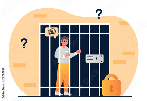 Concept of imprisonment. Man stands behind bars under lock and key, sad young guy alone. Metaphor of internal problems and uncertainty, mental health and psychology. Cartoon flat vector illustration