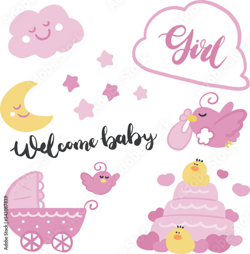 女の子赤ちゃんのベクターイラスト素材セット。手書きの雲、鳥、ケーキ。ベビーシャワー、カード、ポスター招待状に最適。