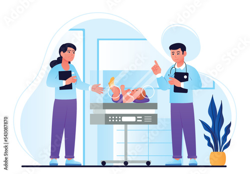 Hospital incubator box. Man and woman in medical coats look at small child behind glass. Medicine and patient care, diagnosis and treatment. Professionals at work. Cartoon flat vector illustration