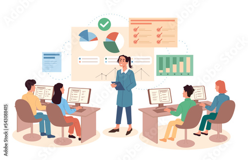 Education process concept. Men and women sit at computers and look at teacher who giving lecture. Selfdevelopment and training, learning. Group of students in class. Cartoon flat vector illustration