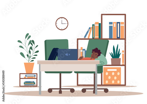 Dream on workplace. Man lies on comfortable pillow in office. Character lives at work, poster or banner for website. hardworking employee. Rest and relax metaphor. Cartoon flat vector illustration