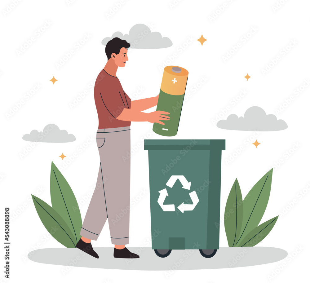 Concept of recycling. Young guy puts battery in trash can. Motivational