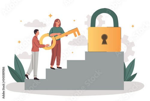 People opening lock. Man and woman stand with key. Metaphor of insight and ideas, creative characters. Teamwork and partnership, innovation and problem solving. Cartoon flat vector illustration