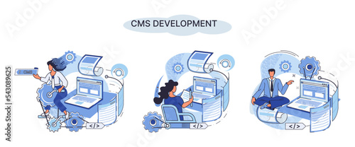 Digital content management system, CMS development software metaphor. Information system or computer program enable organize collaborative process of creating, editing and managing soft in network