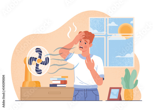 Summer heat concept. Man stands in apartment under fan, fleeing hot weather. Comfort and coziness in apartment. Poster or banner for website. Conditioning at home. Cartoon flat vector illustration