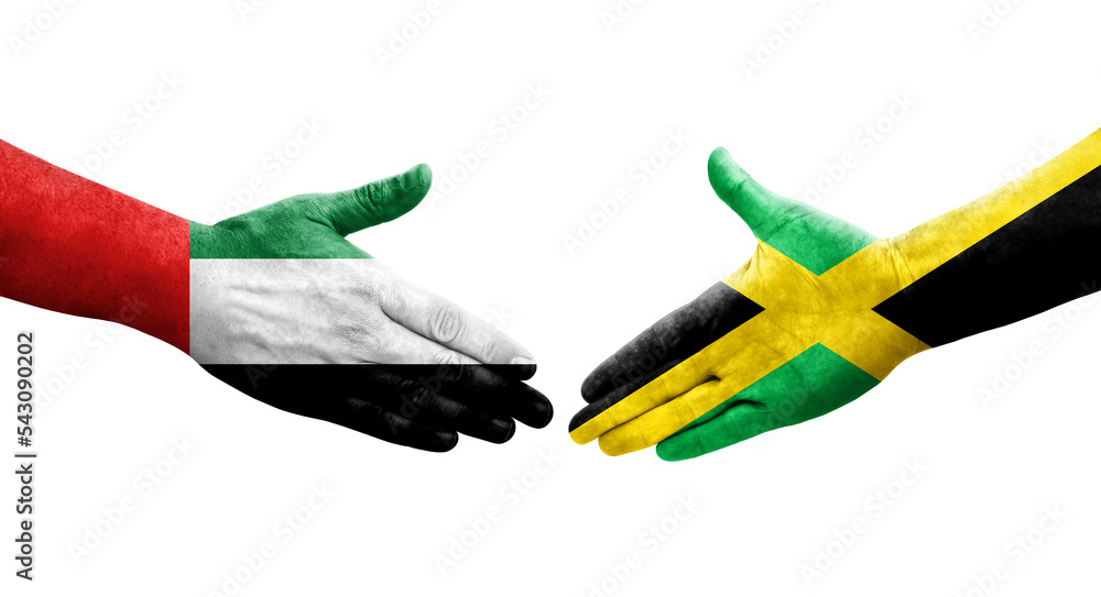 Handshake between Jamaica and UAE flags painted on hands, isolated transparent image. Handshake between Jamaica and UAE flags painted on hands, isolated transparent image.