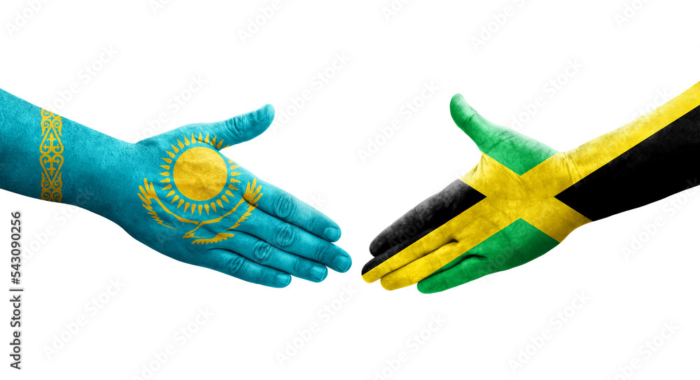 Handshake between Jamaica and Kazakhstan flags painted on hands, isolated transparent image. Handshake between Jamaica and Kazakhstan flags painted on hands, isolated transparent image.