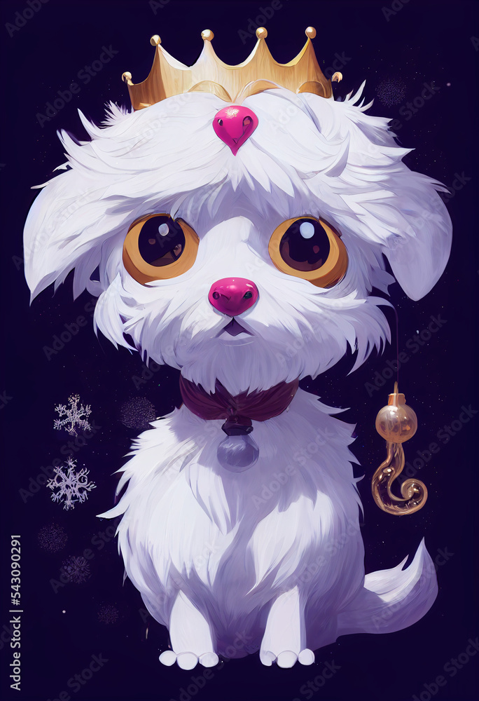 Cute Yorkshire from christmas celebration. Cute pet illustration. Puppy in the winter. Adorable white dog illustration. Fluffy terrier with big brown eyes.