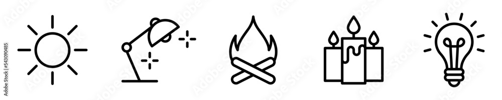 Conjunto de iconos de fuentes de luz. Concepto de iluminación. Lámpara, fogata, sol, vela, bombilla. Ilustración vectorial Conjunto de iconos de fuentes de luz. Concepto de iluminación. Lámpara, fogata, sol, vela, bombilla. Ilustración vectorial