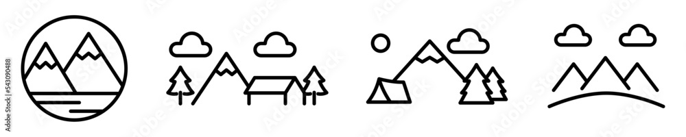 Conjunto de iconos de montañas. Paisajes, naturaleza, parque, campo, colina. Ilustración vectorial Conjunto de iconos de montañas. Paisajes, naturaleza, parque, campo, colina. Ilustración vectorial
