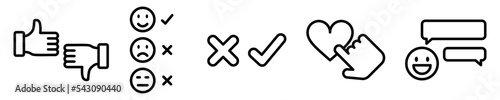Conjunto de iconos de retroalimentación. reacciones y emoticones. Opiniones, comentarios, me gusta, no me gusta, positivo, negativo. Ilustración vectorial
