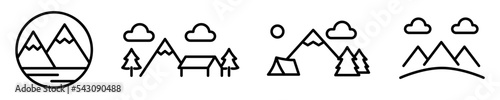 Conjunto de iconos de montañas. Paisajes, naturaleza, parque, campo, colina. Ilustración vectorial