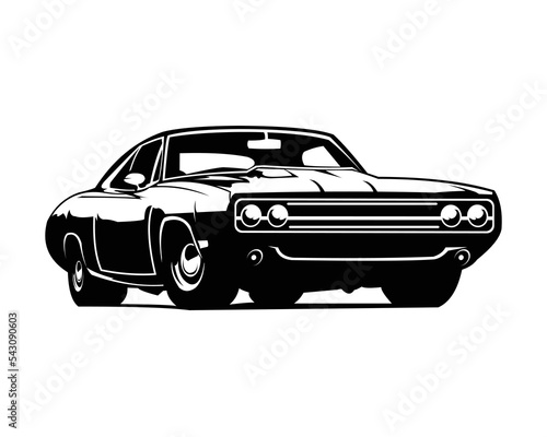 1970 dodge charger custom car logo. Best for badge, emblem, icon and car industry. isolated red background view from side.