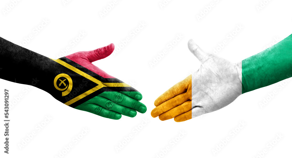 Handshake between Ivory Coast and Vanuatu flags painted on hands, isolated transparent image. Handshake between Ivory Coast and Vanuatu flags painted on hands, isolated transparent image.