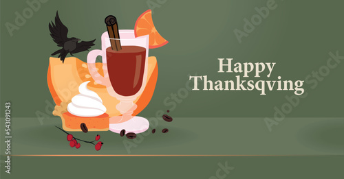 Happy Thanksgiving holiday vector design template for websites, posters, banners. Happy Thanksgiving with traditional food, turkey, pies, pumpkins and fruits. Vector website template
