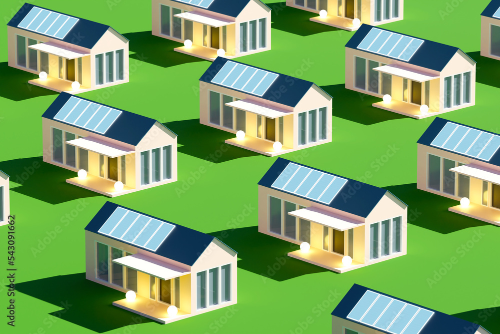 Solar panels on houses. Texture of cottages on lawn. Cottages with solar panels. Texture with efficient houses. Concept of sale of solar panels. Model of residential ECO houses. 3d rendering.