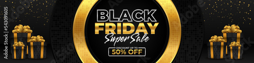 Black Friday Super Sale Promotion background for business retail promotion, banner, poster, social media, feed, story, web. Vector illustration. Black and gold