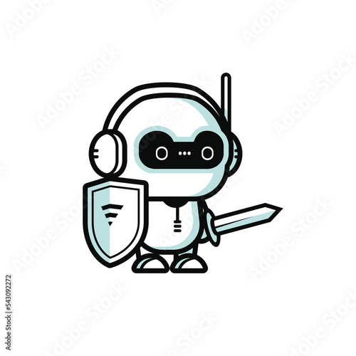 Illustration of little knight or guard robot with sword and shield. 