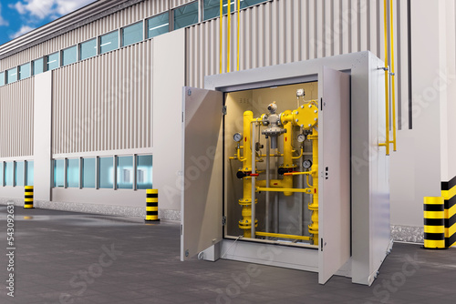 Gas supply for industrial enterprise. Steel cabinet with gas equipment. Gas equipment in front of industrial buildings. Supply of energy resources to factories and plants. Propane supply.