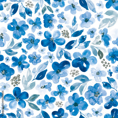 Watercolor floral in azure and grey. Seamless botanical pattern.