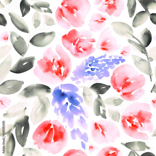 Wallpaper Mural Floral in pink, periwinkle and sooty grey. Seamless watercolor pattern. Torontodigital.ca