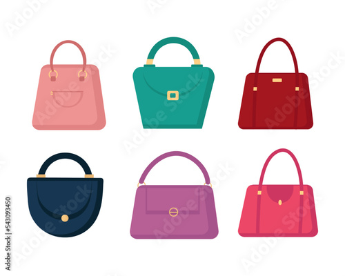 Set of bags of different colors on white 