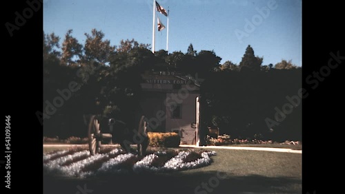 Sutters Fort Adobe 1949 - A beauty shot of the front of Sutters Fort Adobe in Sacramento in the late 1940s photo