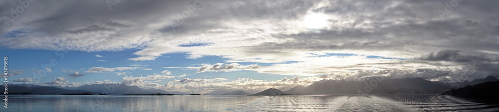 Panorama of the Beagle Channel, outside of Ushuaia, Argentina, under a cloudy, afternoon sky Panorama of the Beagle Channel, outside of Ushuaia, Argentina, under a cloudy, afternoon sky