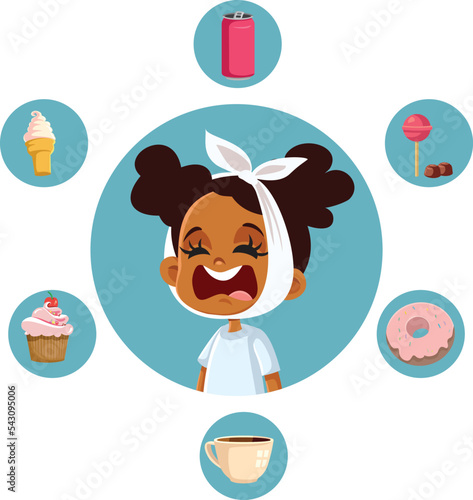 Sweet Foods and Drinks Harming the Teeth Vector Cartoon Illustration. Little girl suffering from toothache after having unhealthy sugary products

