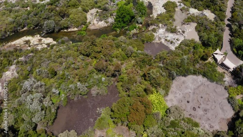 Aerial view of Whakarewarewa Thermal Valley in Rotorua, New Zealand. Te Puia, Pohutu Geyser, drone footage. photo