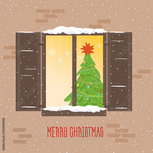 Christmas window with shutters on a brick wall. Postcard template. A Christmas tree decorated for the New Year is inside the house. Vector illustration. For covers, brochures, advertising flyers, post