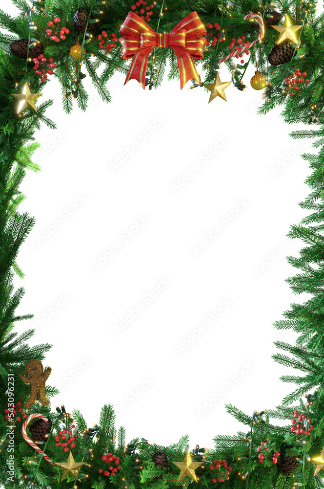 3D Illustration , 3d rendering . Christmas decoration isolated. holiday border, frame. Red holly berry on pine tree branches. For celebration banners, headers, posters.