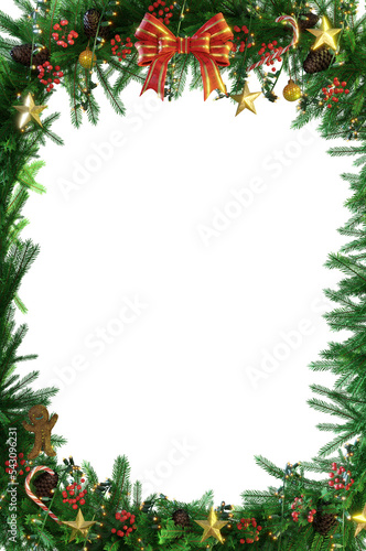 3D Illustration , 3d rendering . Christmas decoration isolated. holiday border, frame. Red holly berry on pine tree branches. For celebration banners, headers, posters.