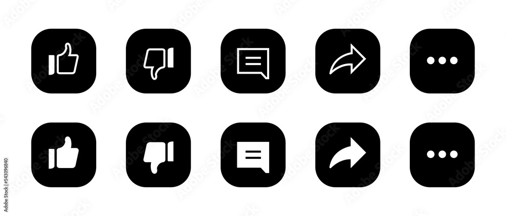 Like, dislike, comment, share and more menu. Icon set of streaming app Like, dislike, comment, share and more menu. Icon set of streaming app