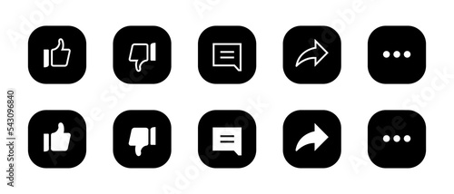 Like, dislike, comment, share and more menu. Icon set of streaming app