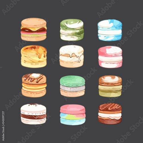 Set of macaroons with different flavors and fillings. Hand drawn watercolor vector illustration