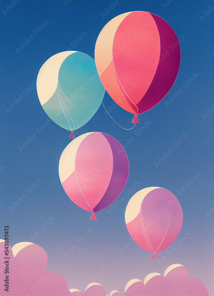 A bunch of balloons in the sky, beautiful poster, watercolor flat style
