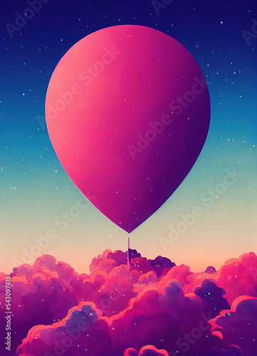 Large pink balloon in the clouds, illustration painted in oils and watercolor